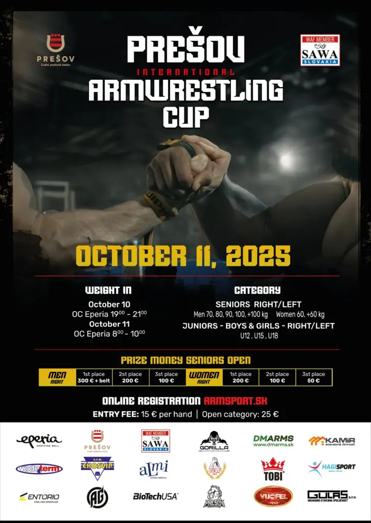 Prešov Armwrestling Cup – medzinárodná súťaž už 11. októbra 2025